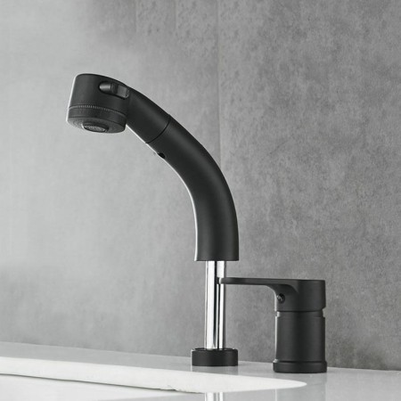 Liftable Pull Out Bathroom Sink Tap Two Hole Split Faucet in Black