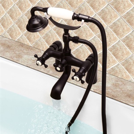 Deck Mounted Bathtub Mixer Tap with Ceramic Hand Shower Antique Black Clawfoot Tub Filler Faucet