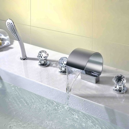 Deck Mount Roman Waterfall Bathtub Faucet in Thin Moon Shape with Handheld Shower
