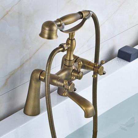 Deck Mounted Antique Brushed Clawfoot Bathroom Bathtub Faucet Mixer Tap with Hand Sprayer