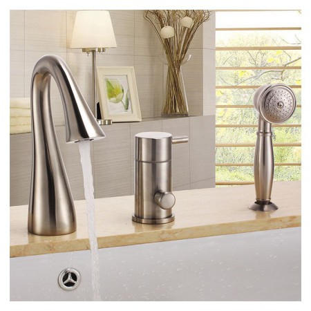 Installation of a Modern Nickel Bathtub Faucet with Hand Shower and 3 Holes