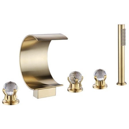 Golden Brass Curved Waterfall Spout Tub Filler with Handheld Sprayer Split Bathtub Faucet
