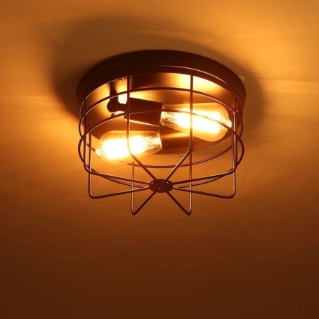 E26/E27 Rustic Flush Mount Lamp Fixture Industrial Metal Cage Ceiling Light