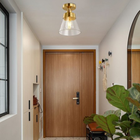 1-Light Brass Contemporary Glass Flush Ceiling Light For Hallway