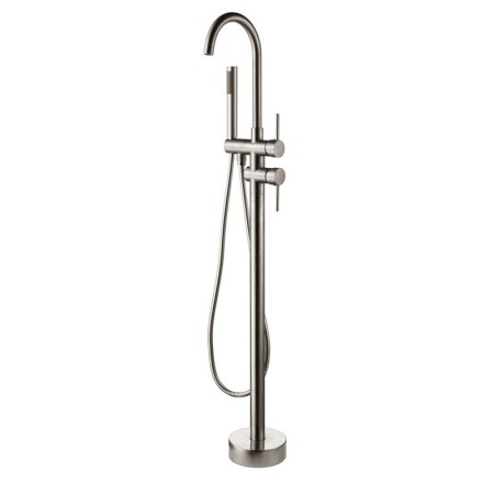 Brushed Nickel Single Lever Bathtub Tap with Hand Shower Curved Floor Mount Tub Faucet