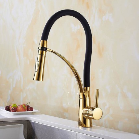 Swan Neck Spray Kitchen Faucet Gold and Black Kitchen Sink Faucet Mixer Tap