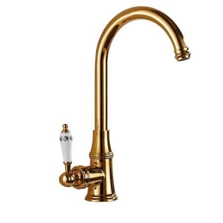 Swan Neck Solid Brass Kitchen Faucet with Porcelain Handle Chrome Antique Brushed Gold Black