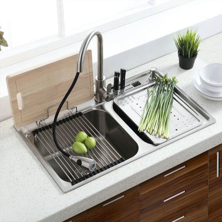 Stainless Steel Double Kitchen Sink with Drain Board