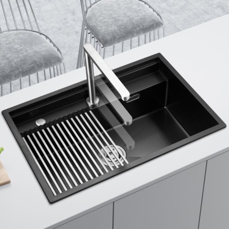Single Bowl Invisible Kitchen Sink Black Titanium Technology with Liftable Faucet in Stainless Steel Black Kitchen Sink